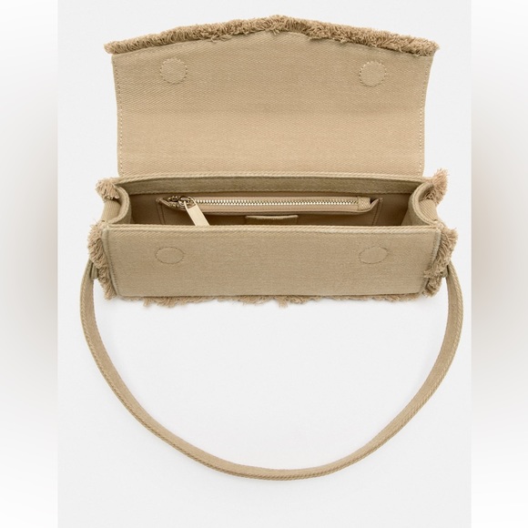 Zara Beige Tan Neutral Fabric shoulder Bag Handbag frayed trim Magnetic flap NWT - Picture 15 of 15